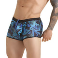 Gigo abstract swim trunk featuring blue and black geometric pattern with purple drawstring for swimming