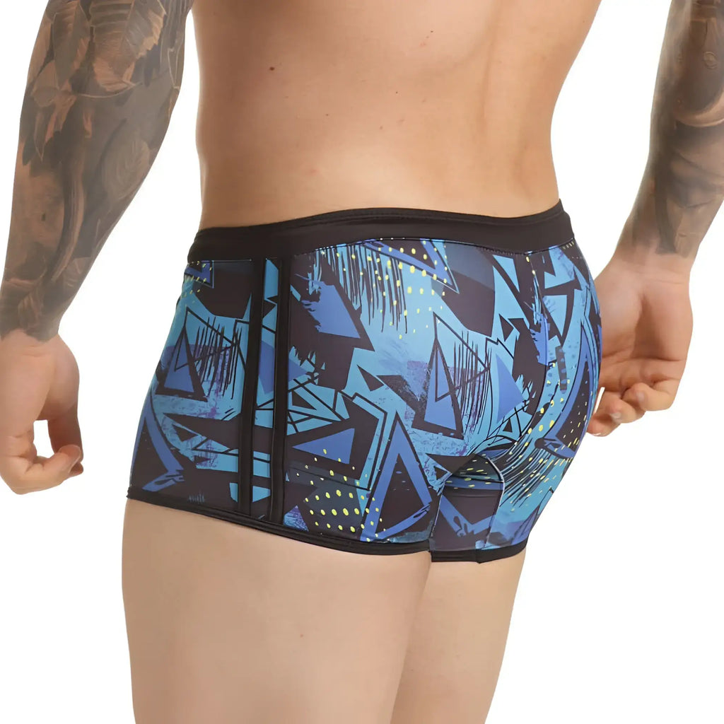 Blue and black graffiti-patterned menÃ¢â‚¬â„¢s boxer briefs with central zipper from gigo abstract swim trunk collection