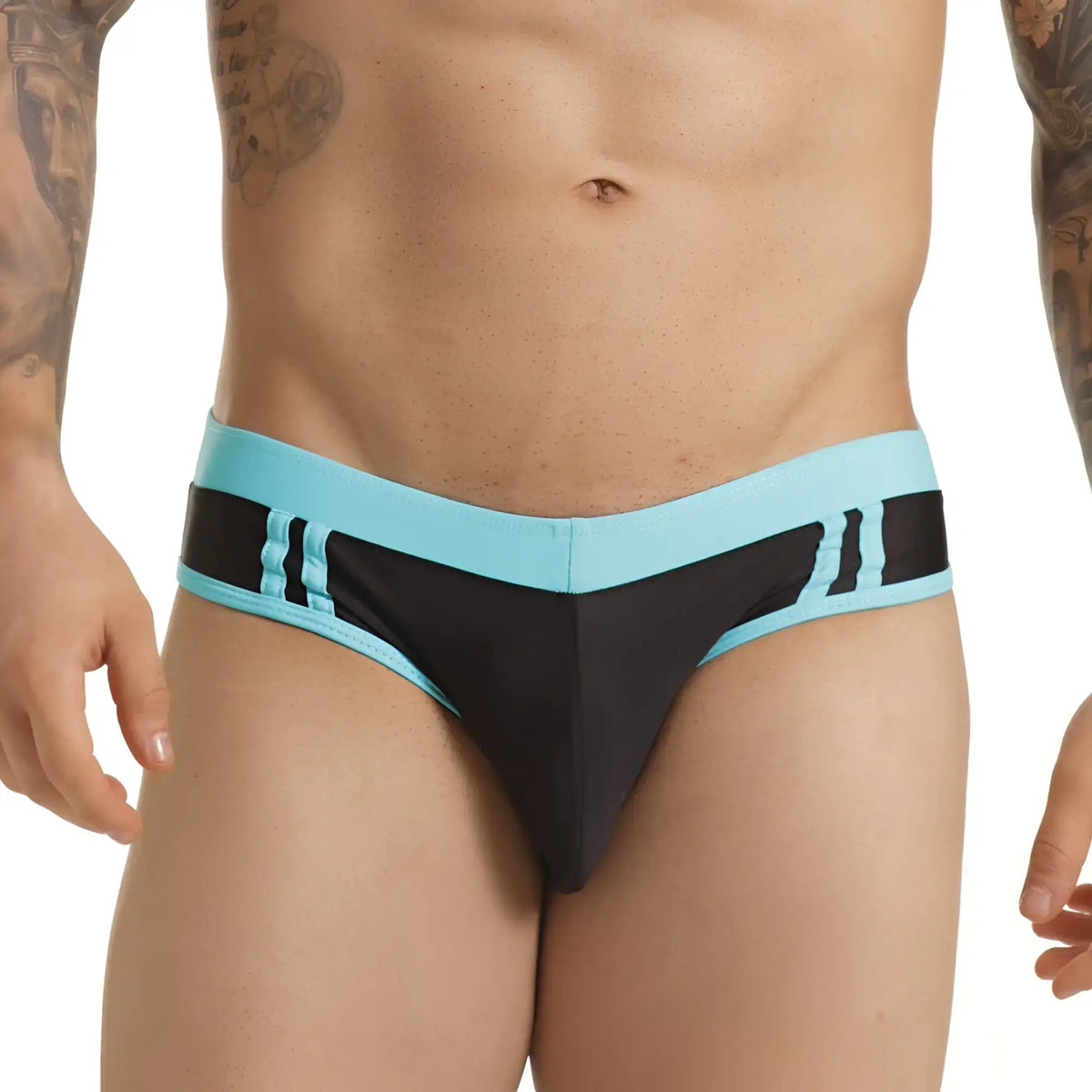 Gigo Active black and blue swim brief with contrasting waistband designed for athletic performance and comfort