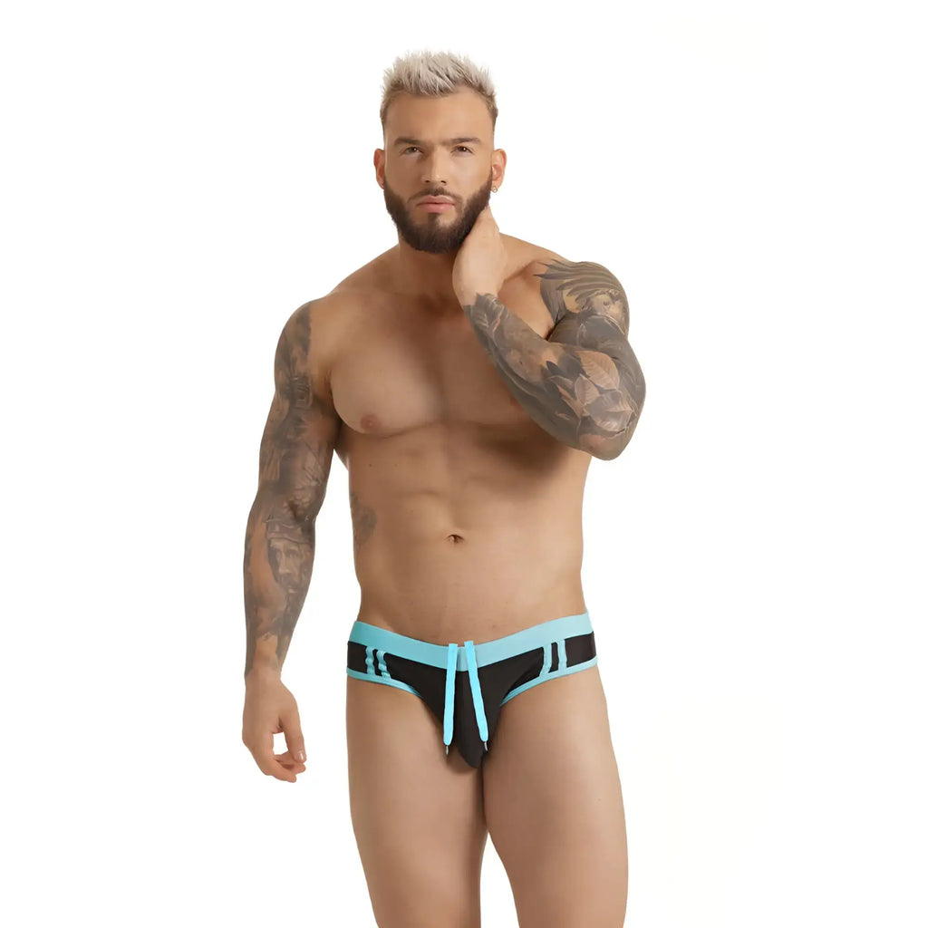 Gigo Active black and light blue swim brief with drawstring waistband designed for athletic use