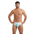 Light blue and white gigo active swim brief with drawstring waistband designed for active water use
