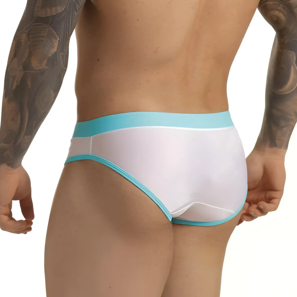 Gigo Active white swim briefs with light blue elastic waistband and trim designed for active use