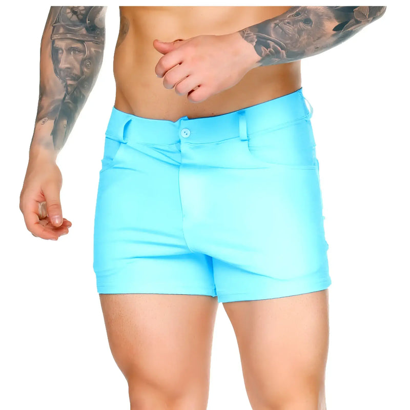 Bright turquoise Gigo African Blue Sexyshort menÃ¢â‚¬â„¢s shorts with a sleek tailored fit and button closure