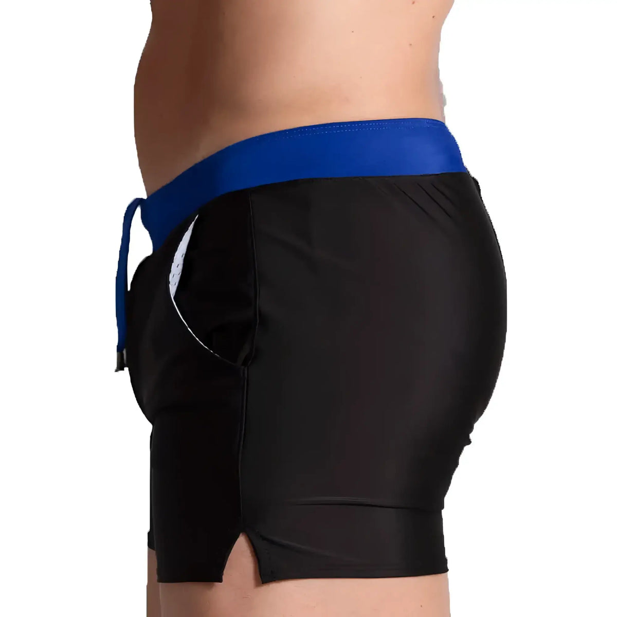 Black athletic shorts with a vibrant blue elastic waistband and matching drawstring from gigo alfa beachwear