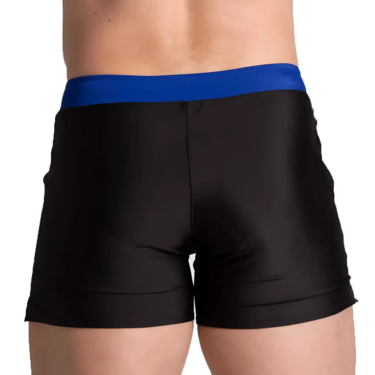 Black swim trunks with bold blue waistband from Gigo Alfa designed for beachwear use