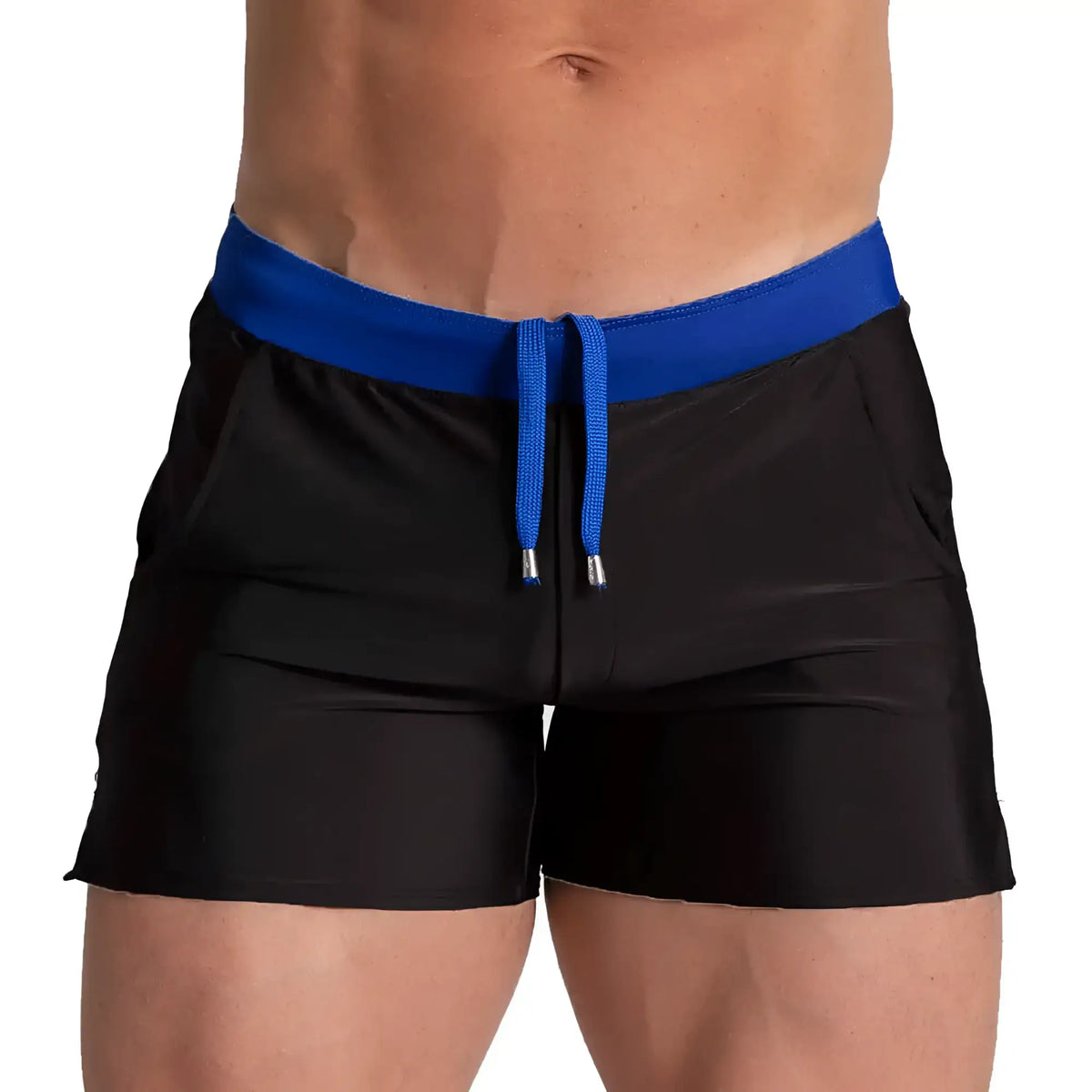 Black swim trunks with bold blue elastic waistband and matching drawstring from gigo alfa beachwear collection