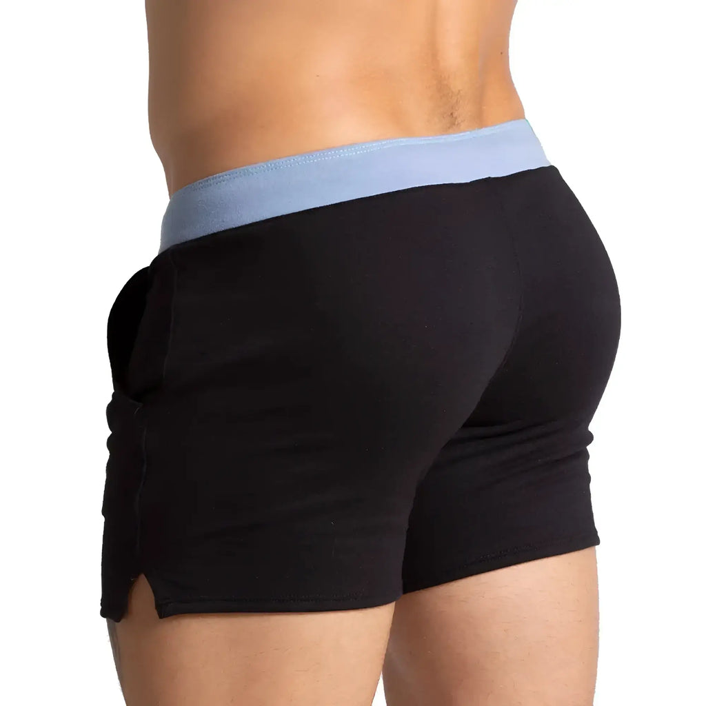 Gigo Alfa black athletic shorts with a light blue elastic waistband and side pockets for active wear