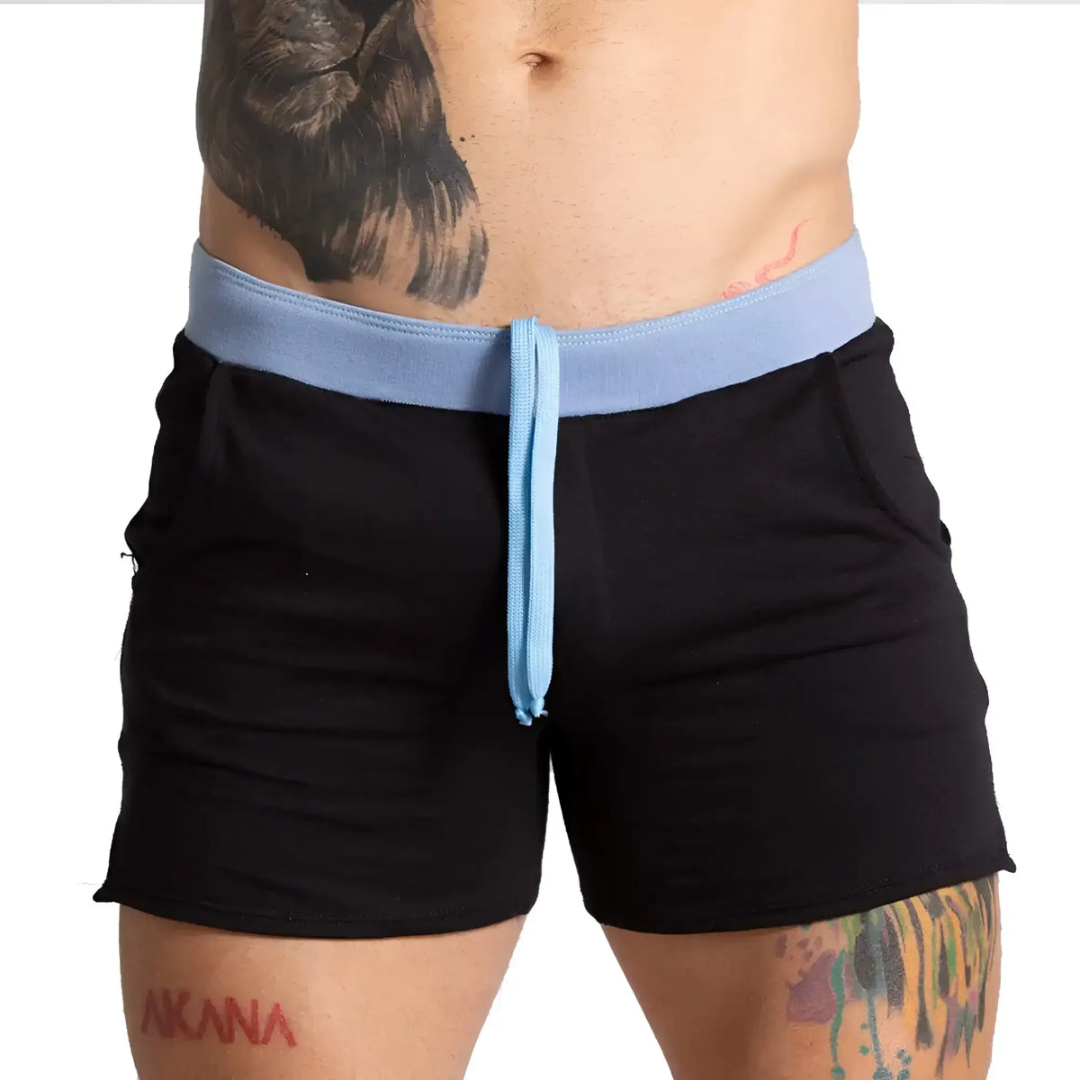 Gigo alfa black blue short athletic shorts with light blue elastic waistband and matching drawstring for activewear