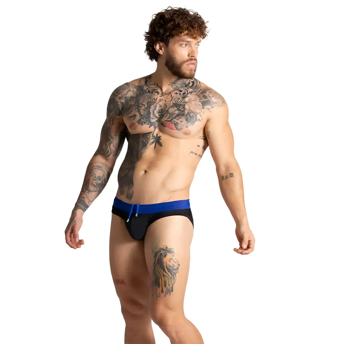 Black swim trunks with a bold blue waistband and white drawstring from gigo alfa black blue swim brief collection