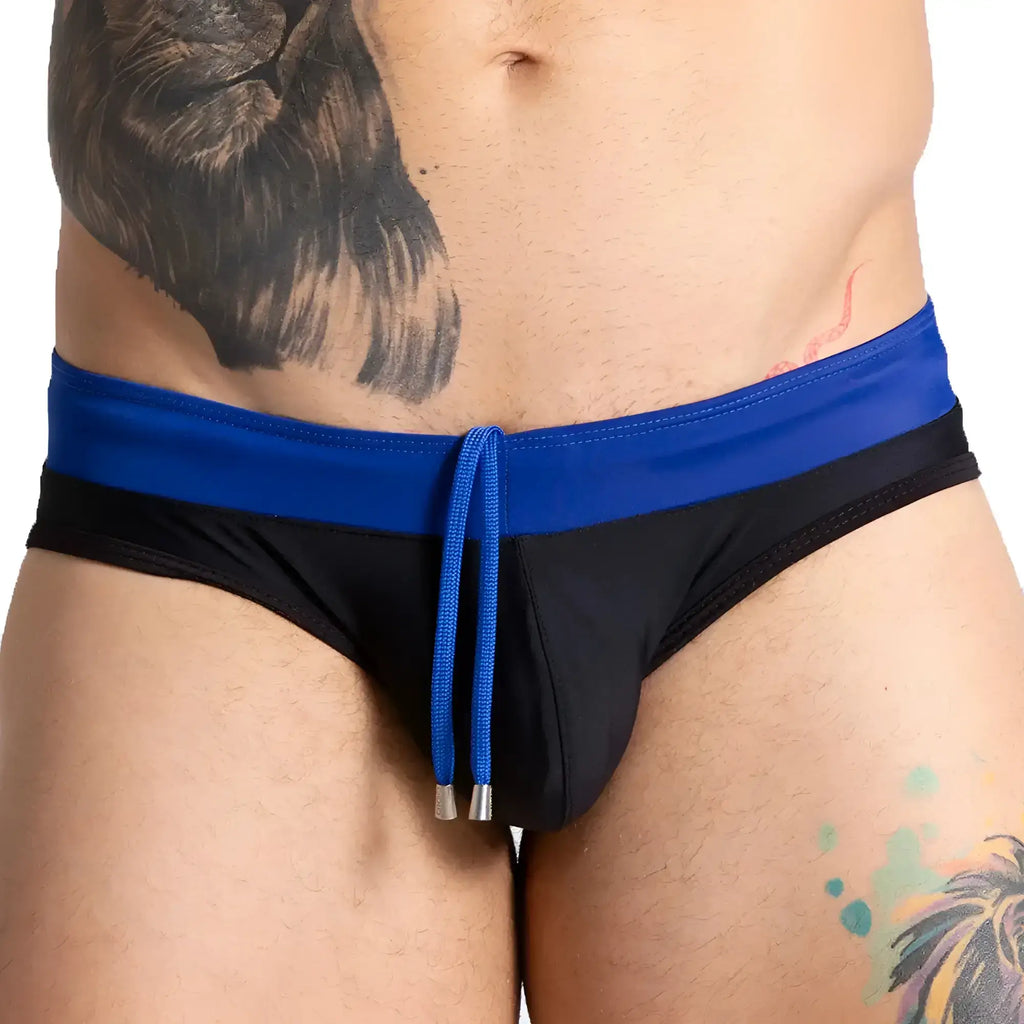 Gigo Alfa black blue swim brief featuring black swim trunks with a bold blue waistband and matching drawstring