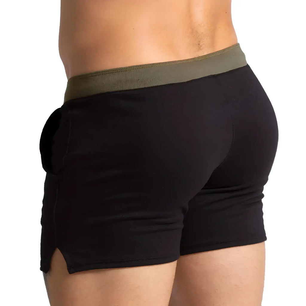Gigo Alfa black green short featuring black athletic shorts with an olive green waistband and a side slit