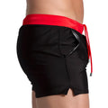 Black swim trunks with bold red waistband and matching drawstring from Gigo Alfa black red beachwear collection