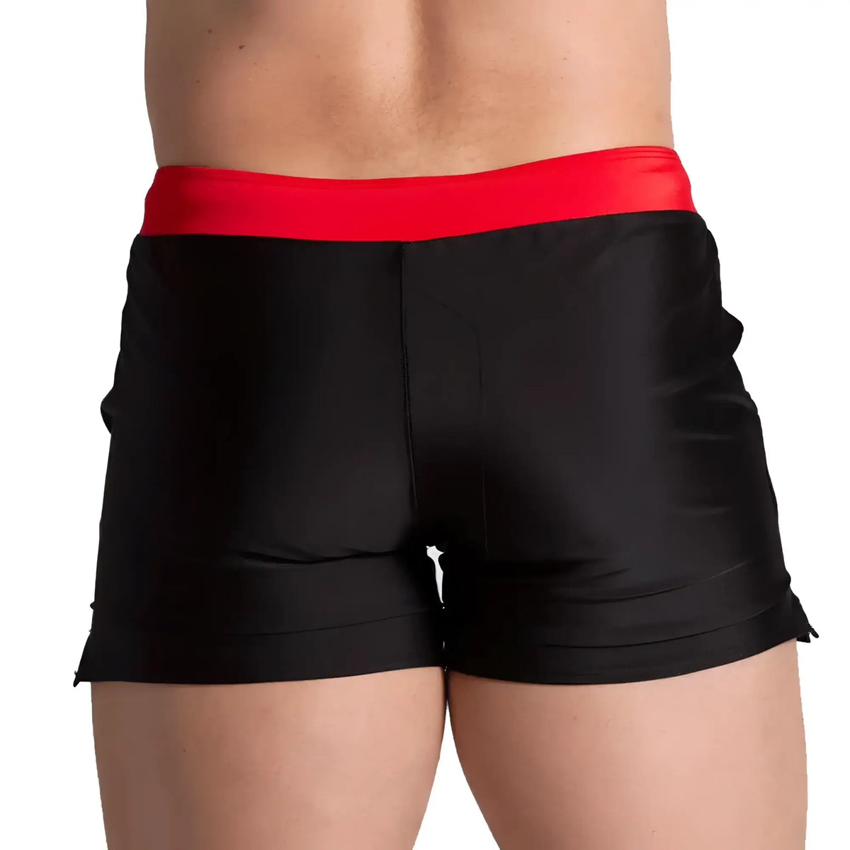 Black swim trunks with a bold red waistband from Gigo Alfa designed for beachwear use