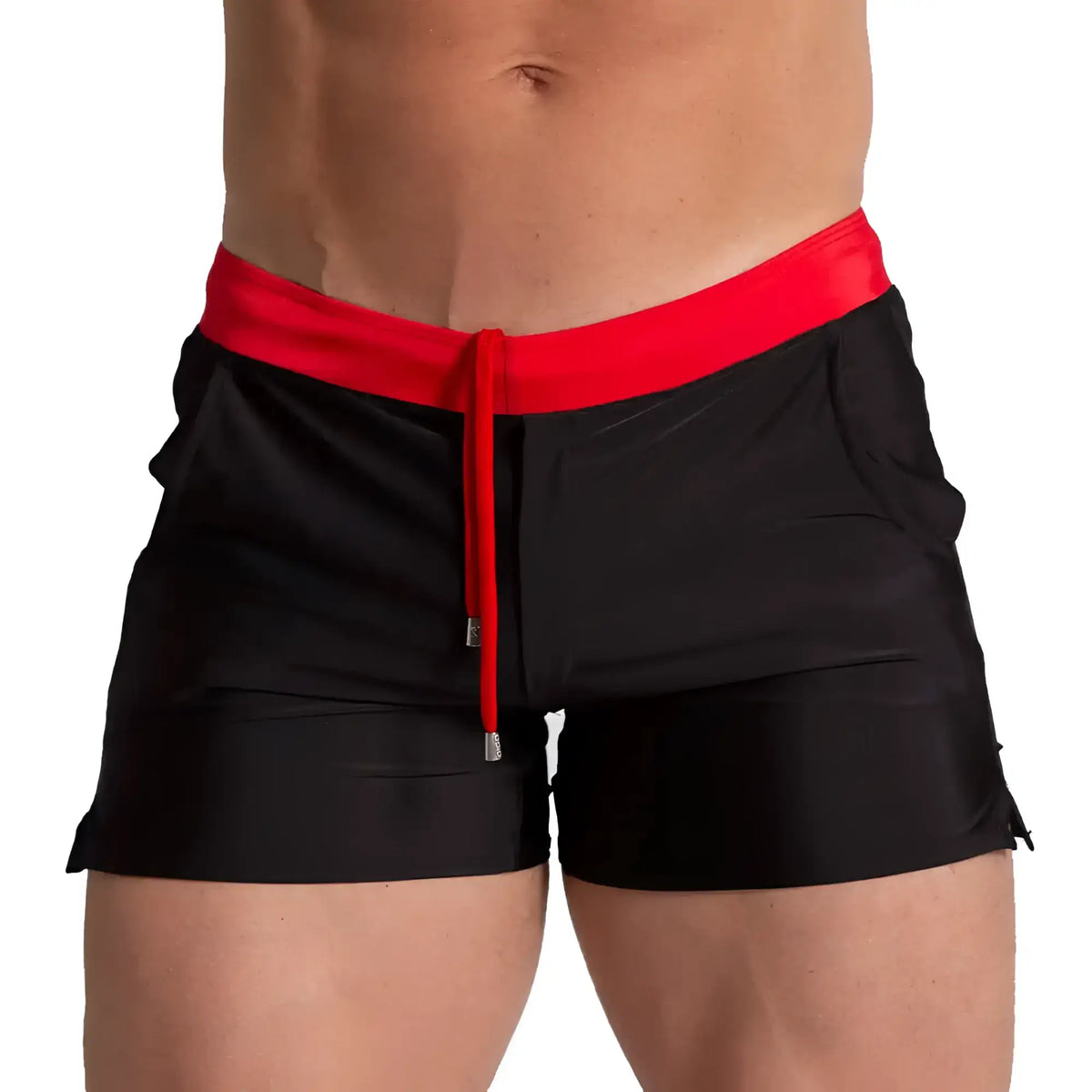 Black swim trunks with bold red waistband and matching drawstring from gigo alfa black red beachwear collection