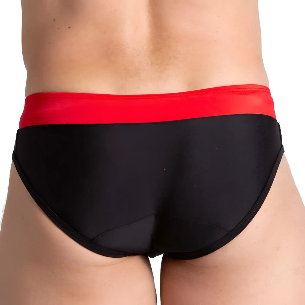 Black swim brief with bold red waistband from gigo alfa for comfortable beach and pool use