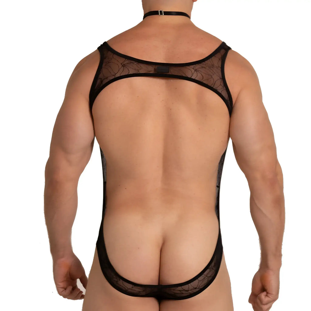 Black lace gigo amazonia body bodysuit with sheer patterned mesh and adjustable straps