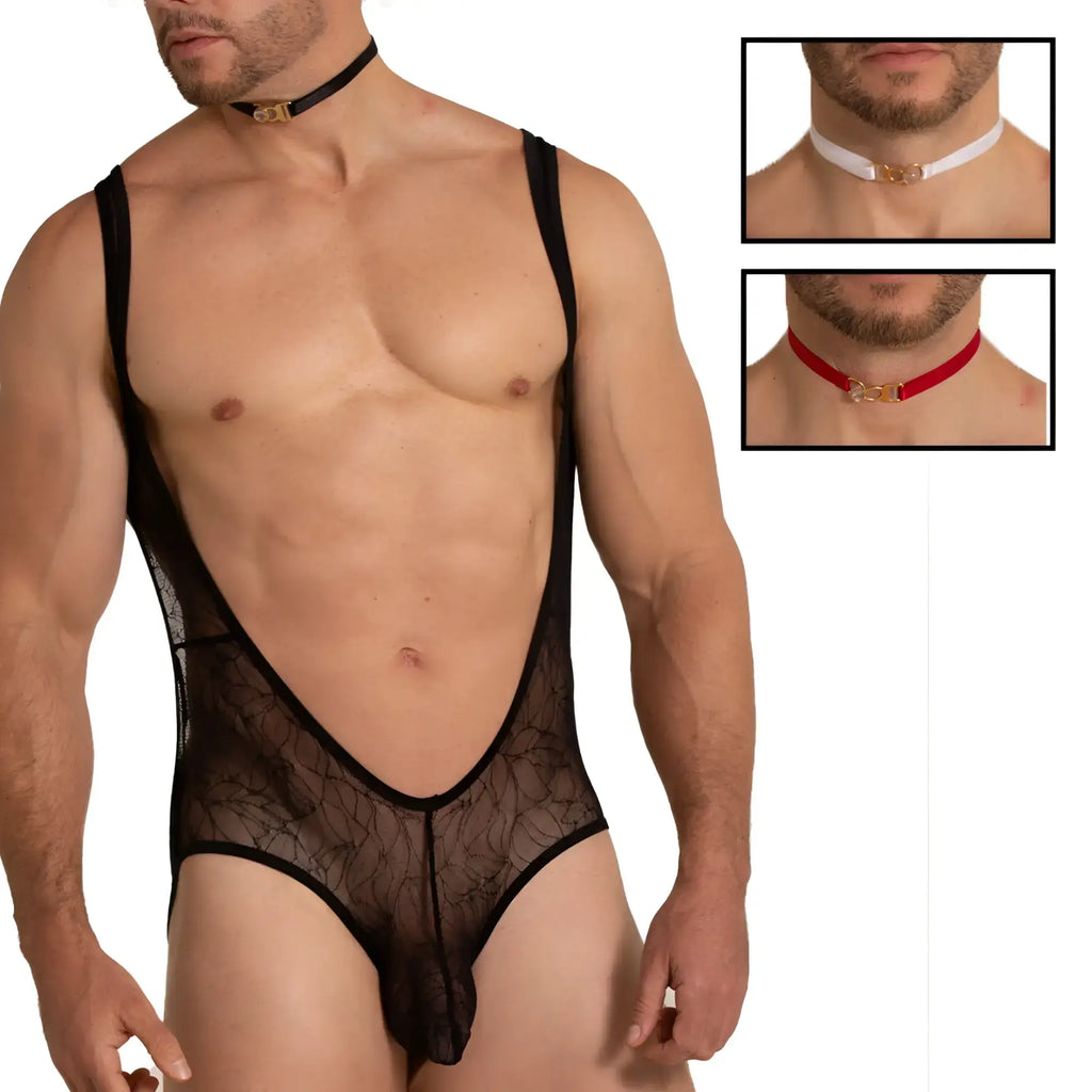 Black lace Gigo Amazonia body bodysuit with plunging neckline and thin shoulder straps for elegant wear