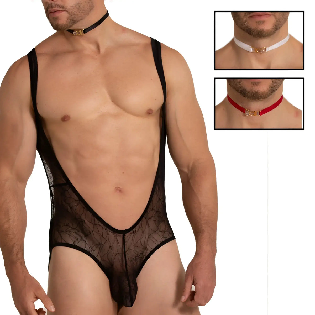 Black lace Gigo Amazonia body bodysuit with plunging neckline and thin shoulder straps for elegant wear