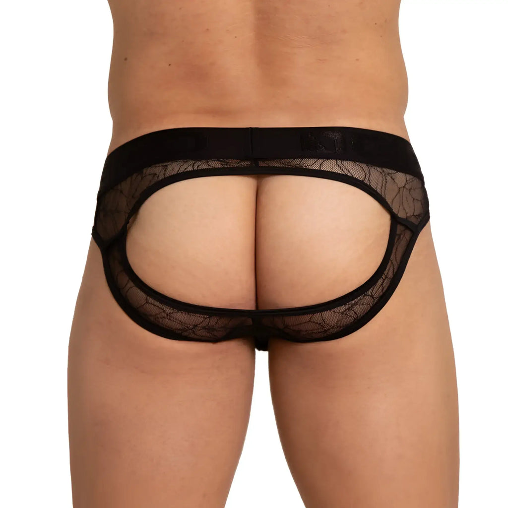 Black lace thong gigo amazonia brief jock with sheer patterned mesh and elastic waistband shown from the back