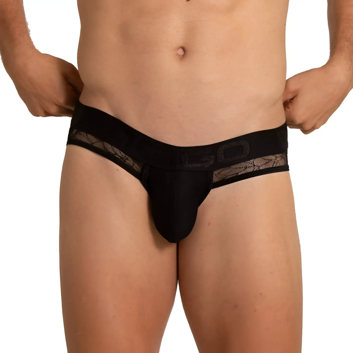 Black lace-trimmed menÃ¢â‚¬â„¢s briefs with sleek form-fitting design and subtle branding on the waistband from Gigo Amazonia
