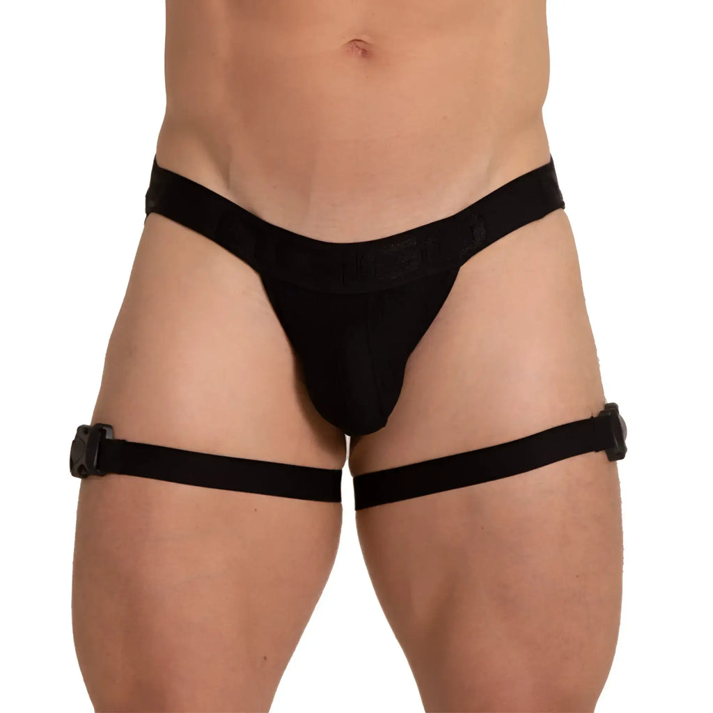 Black fabric thigh-high garter belt with adjustable straps and buckle closures shown from the back
