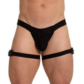 Black fabric thigh-high garter belt with adjustable straps and buckle closures shown from the back