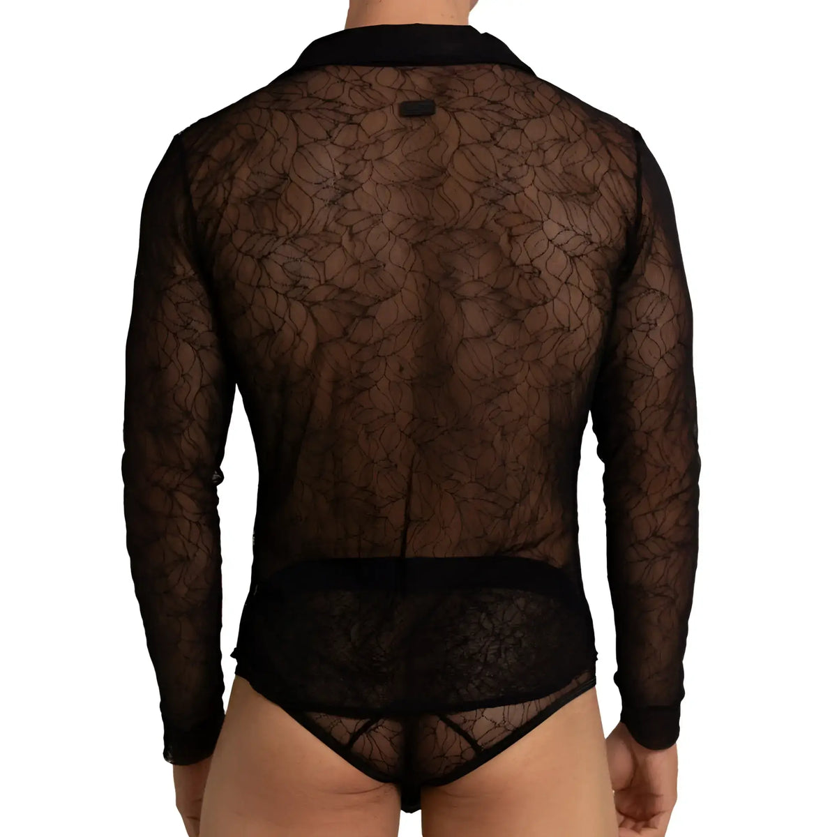 Black sheer lace long-sleeved gigo Amazonia shirt with collar and waistband in elegant lightweight fabric