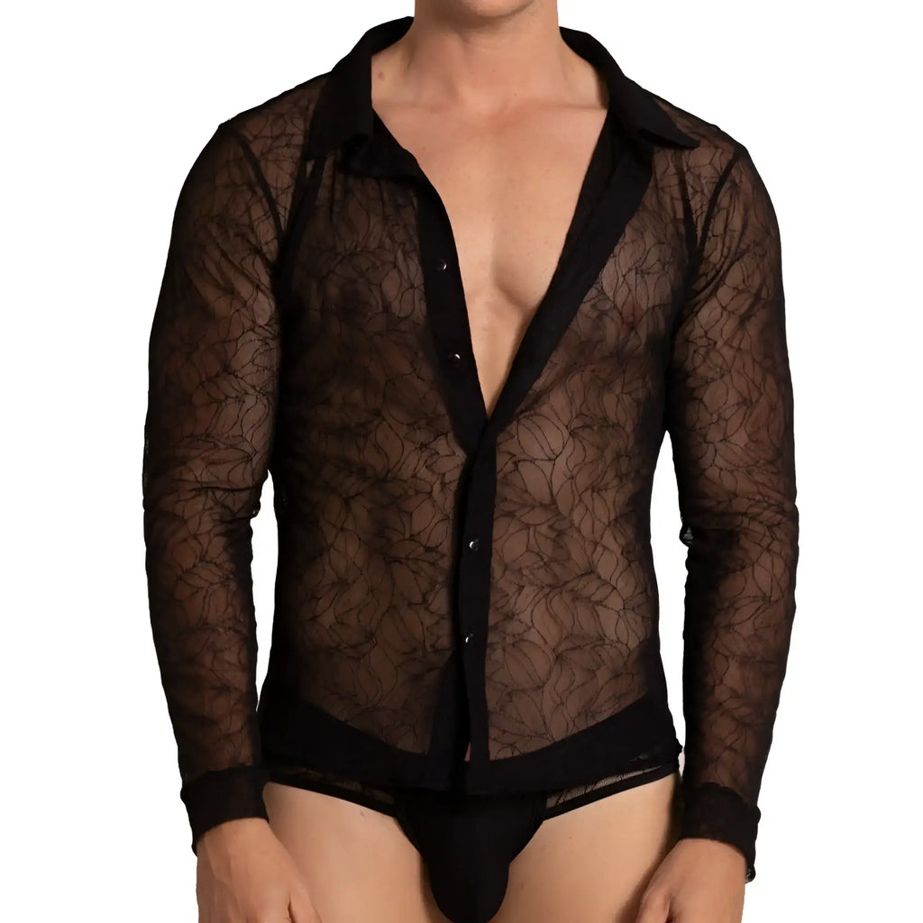 Black sheer lace long-sleeved gigo amazonia shirt with solid black collar and cuffs visible from front view