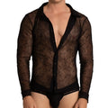 Black sheer lace long-sleeved gigo amazonia shirt with solid black collar and cuffs visible from front view