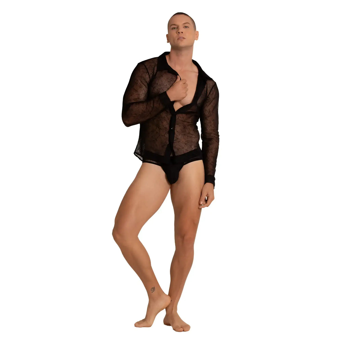 Black sheer lace long-sleeved button-up shirt with solid black trim Gigo Amazonia Shirt front view