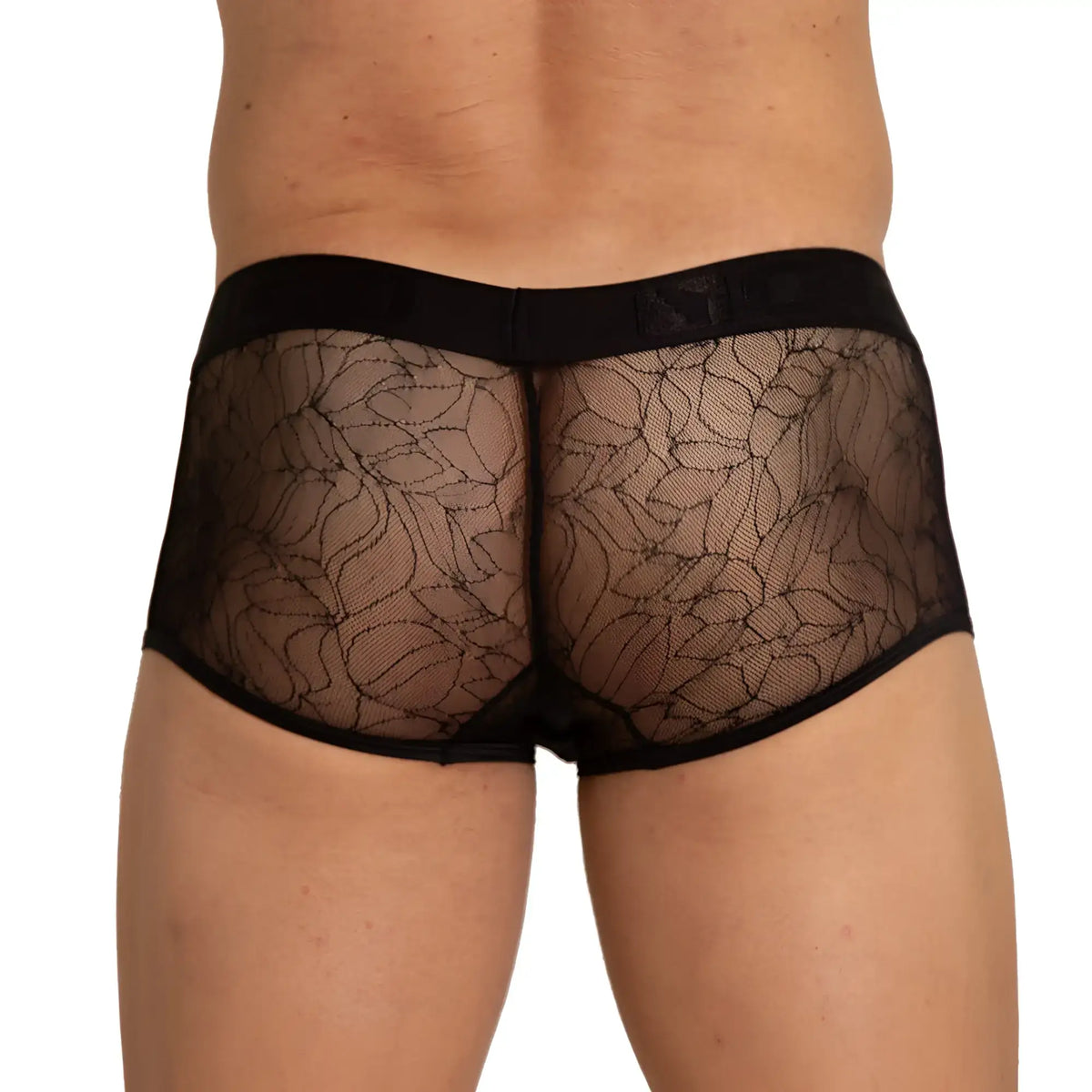 Black lace gigo amazonia trunk briefs with sheer floral pattern and solid black waistband