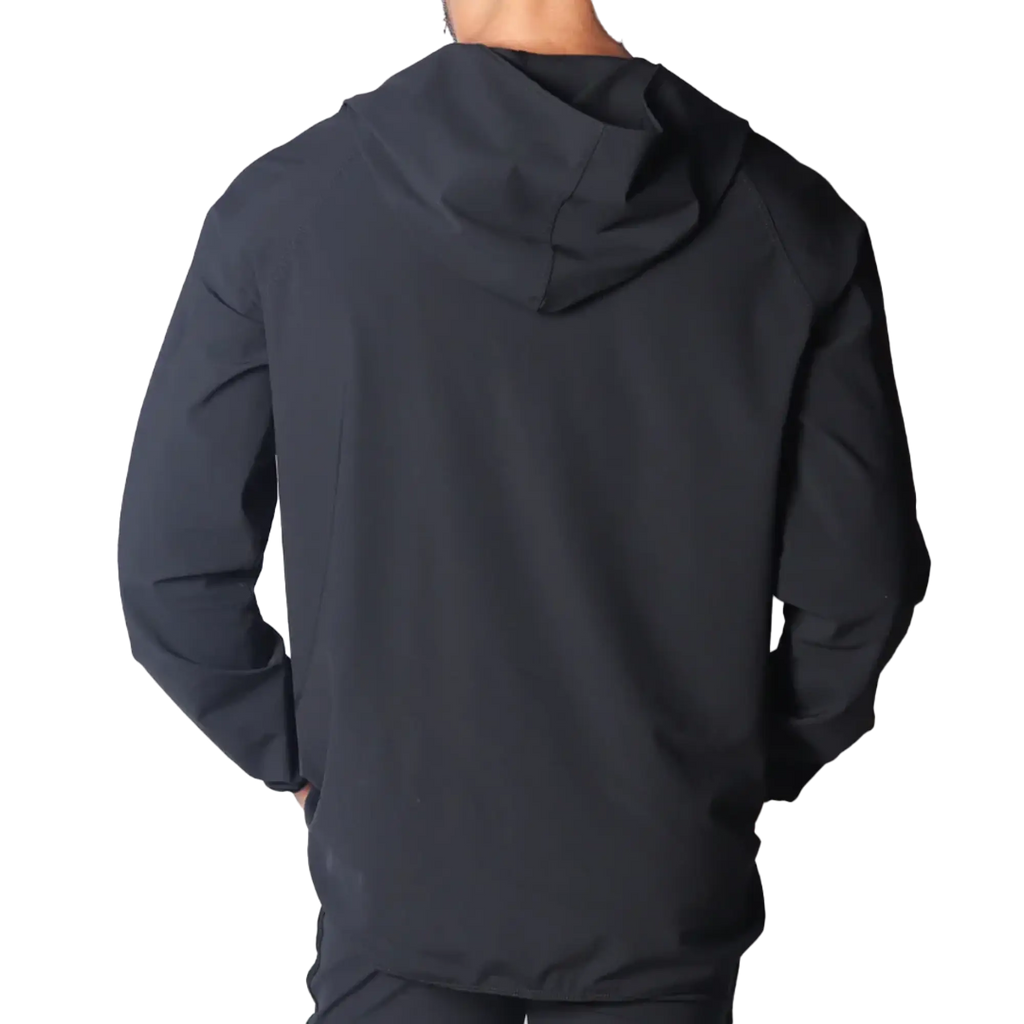 Back view of a black lightweight athletic hoodie with a smooth, matte finish and raglan sleeves.