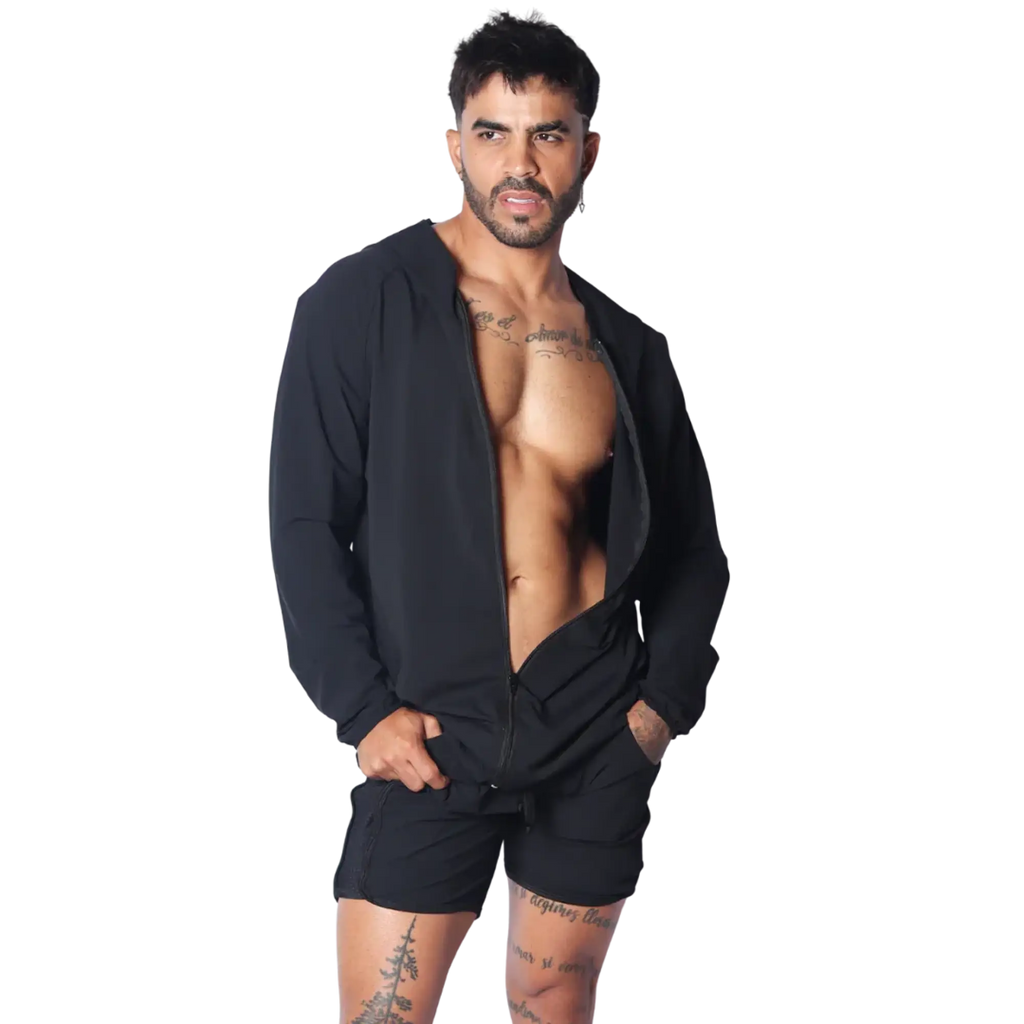 Black lightweight zip-up hooded jacket with long sleeves, worn unzipped over a bare chest.