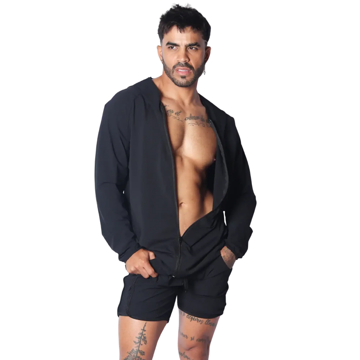 Black lightweight zip-up hooded jacket with long sleeves, worn unzipped over a bare chest.