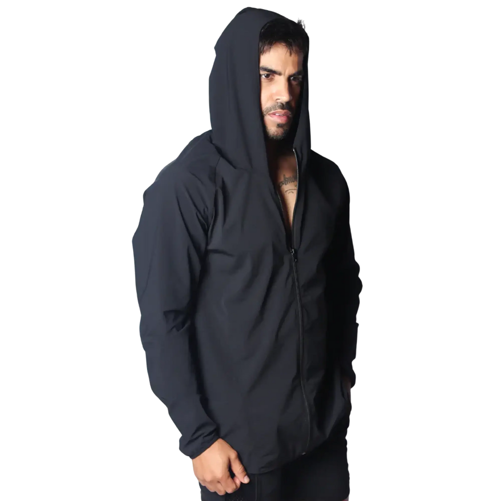 Black lightweight athletic zip-up jacket with a slim-fit design, long sleeves, and an integrated hood.