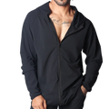 Gigo Ambitious black zip-up performance jacket with a hood, minimalist design, and lightweight technical fabric.