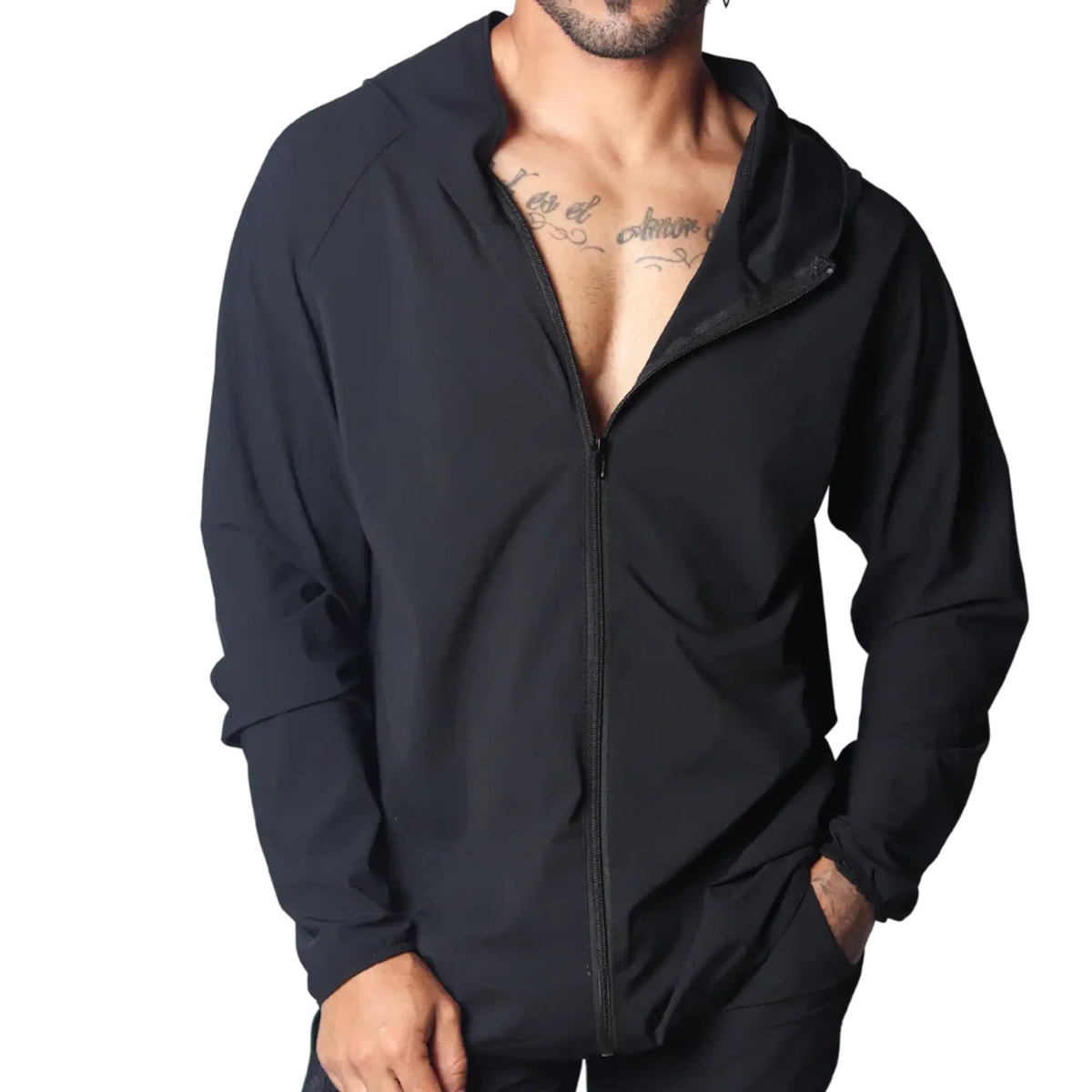 Gigo Ambitious black zip-up performance jacket with a hood, minimalist design, and lightweight technical fabric.