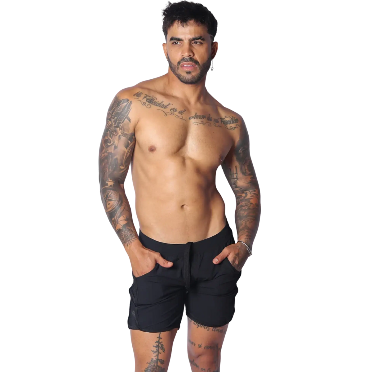 Athletic black shorts with side pockets, a drawstring waistband, and mesh panels, modeled on a fit man.