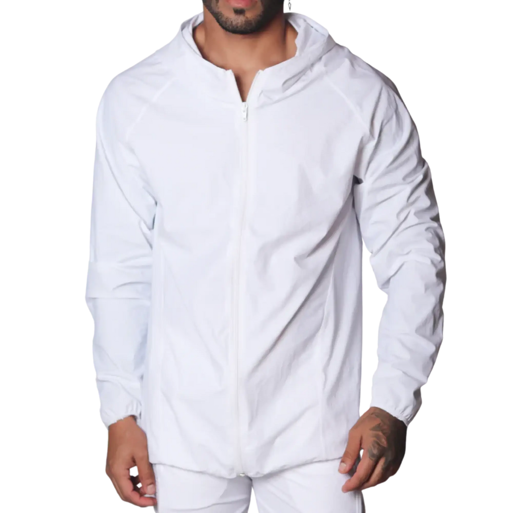 White lightweight zip-up jacket in a technical nylon fabric featuring a hood and long raglan sleeves.