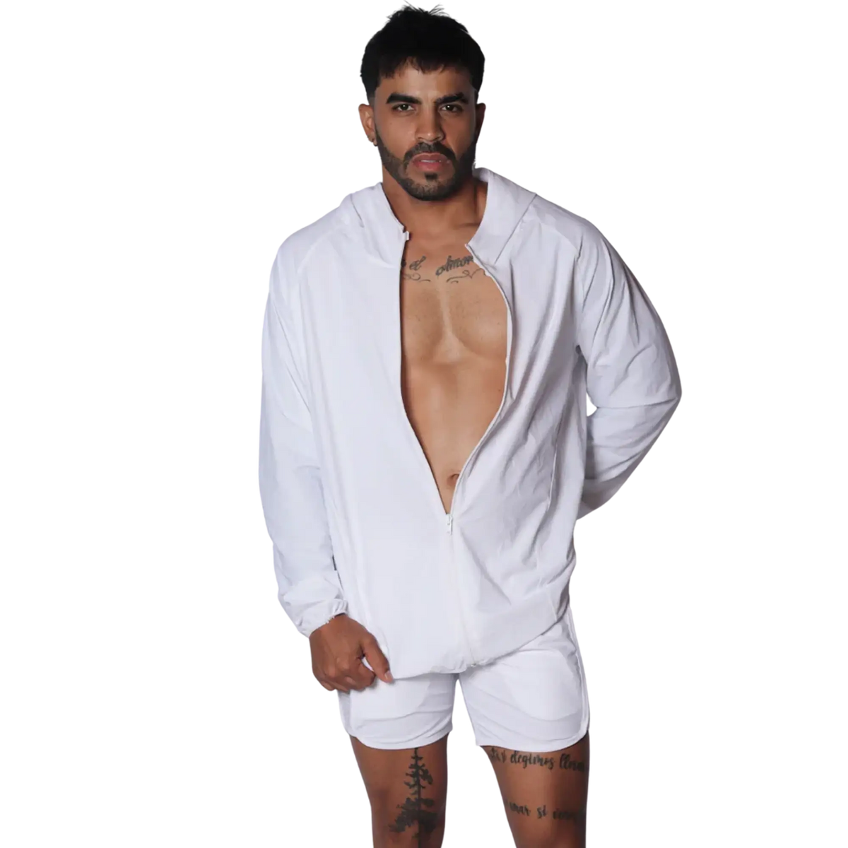 White long-sleeve hooded jacket with front zipper, made of lightweight, smooth performance material.