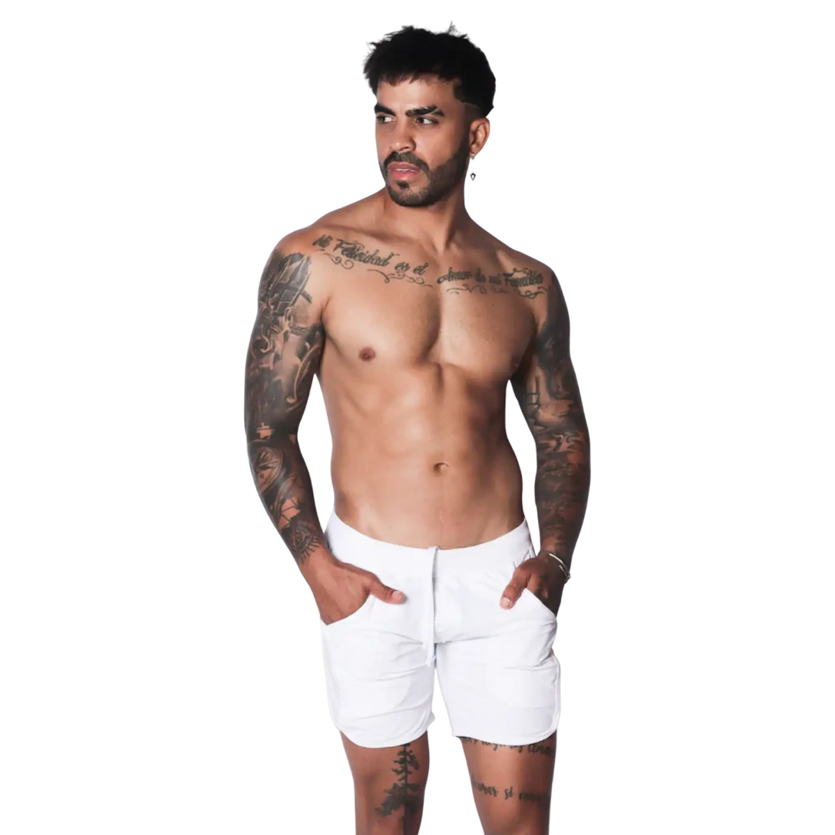 White athletic shorts featuring a drawstring waistband and side pockets on a tattooed model.