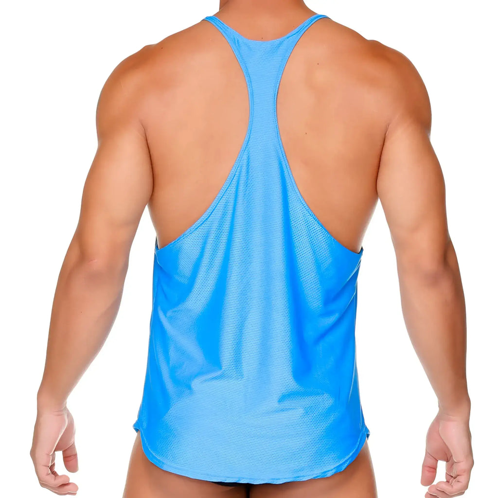 Gigo arab blue tank breathable bright blue mesh tank top with racerback design shown from the back side