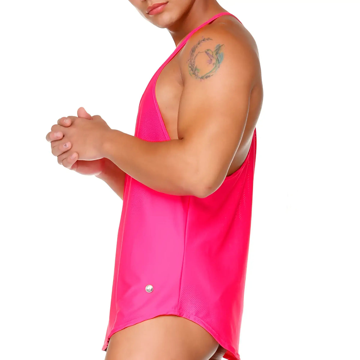 Gigo Arab fucshia tank is a vibrant pink athletic tank top with mesh texture and racerback design shown from the back