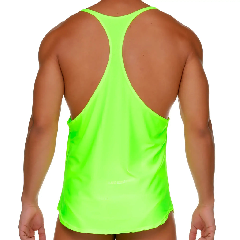 Gigo Arab yellow tank neon green racerback tank top with sleek form-fitting design for active wear back side view