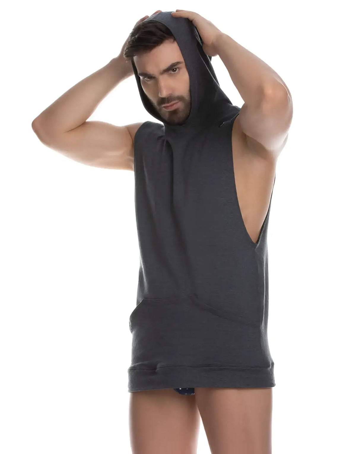 Dark gray sleeveless hoodie with hood and front pocket from gigo atleta gray hoody tshirt collection