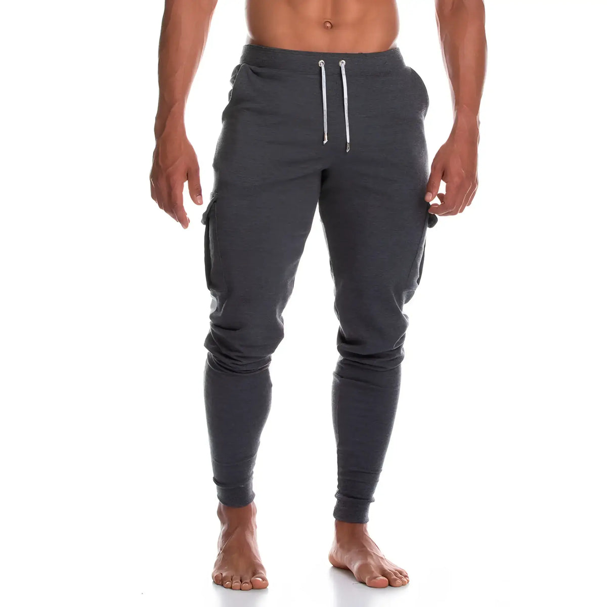Dark gray heathered gigo atleta gray sportpants with white drawstrings and side pockets in jogger style