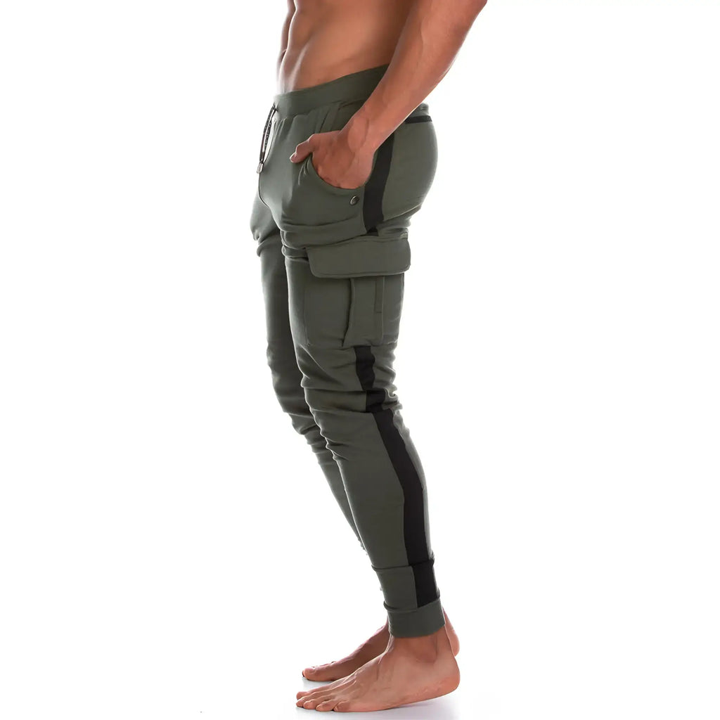 Olive green gigo atleta sportpants with black side stripes cargo joggers and drawstring waistband for casual wear