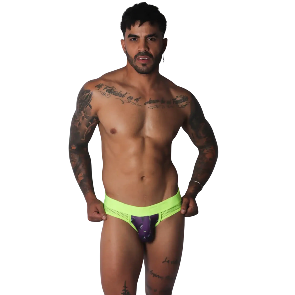 Neon yellow jockstrap with mesh sides and a dark purple, aubergine-patterned front pouch.