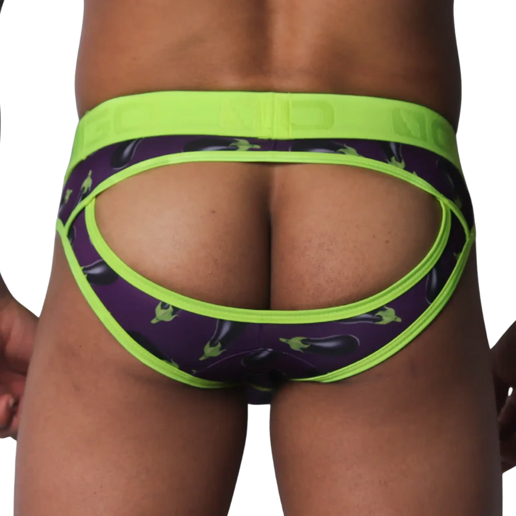 Purple jockstrap with eggplant print, lime green trim, and an open-back design on a thick logo waistband.