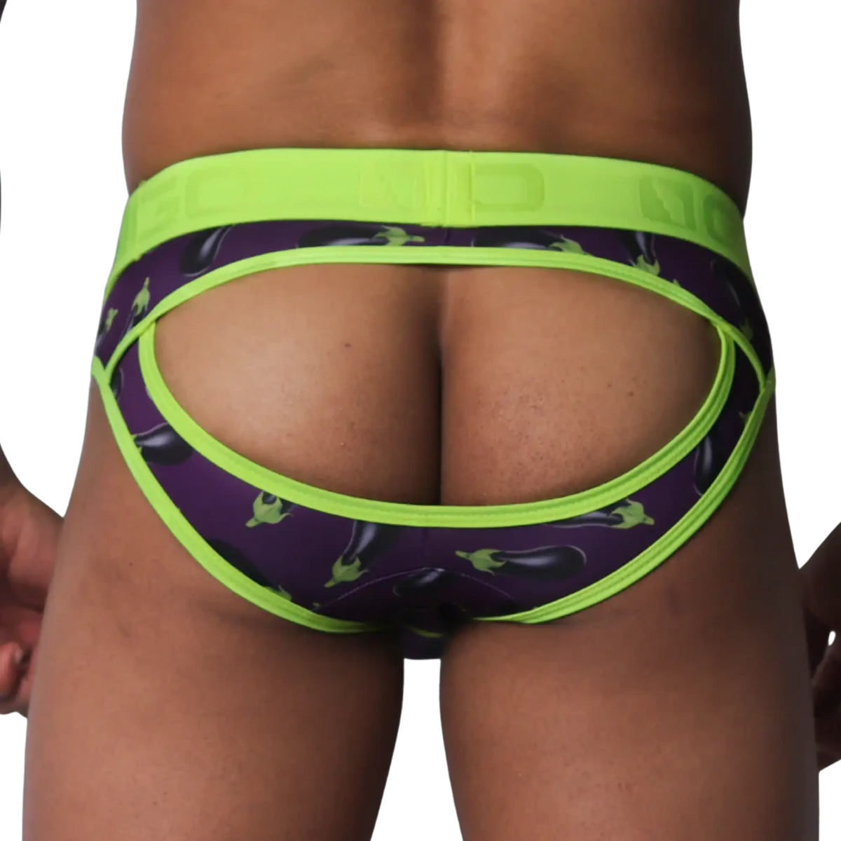 Purple jockstrap with eggplant print, lime green trim, and an open-back design on a thick logo waistband.